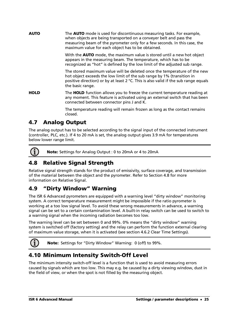 7 analog output, 8 relative signal strength, 9 “dirty window” warning | 10 minimum intensity switch-off level | LumaSense Technologies ISR 6 Advanced User Manual | Page 25 / 50