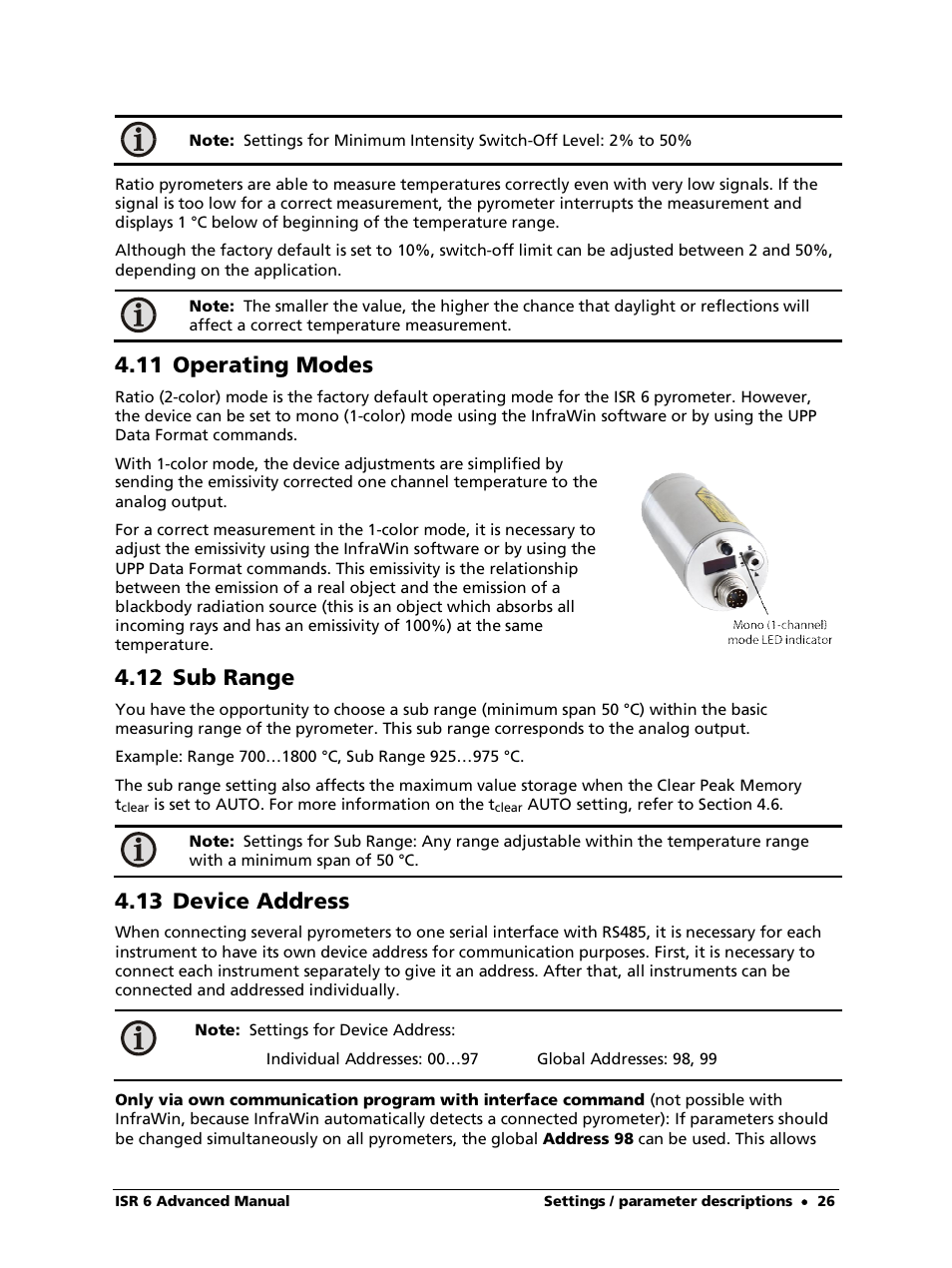 12 sub range, 13 device address, 11 operating modes | LumaSense Technologies ISR 6 Advanced User Manual | Page 26 / 50