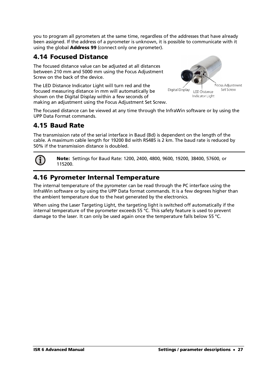 14 focused distance, 15 baud rate, 16 pyrometer internal temperature | LumaSense Technologies ISR 6 Advanced User Manual | Page 27 / 50