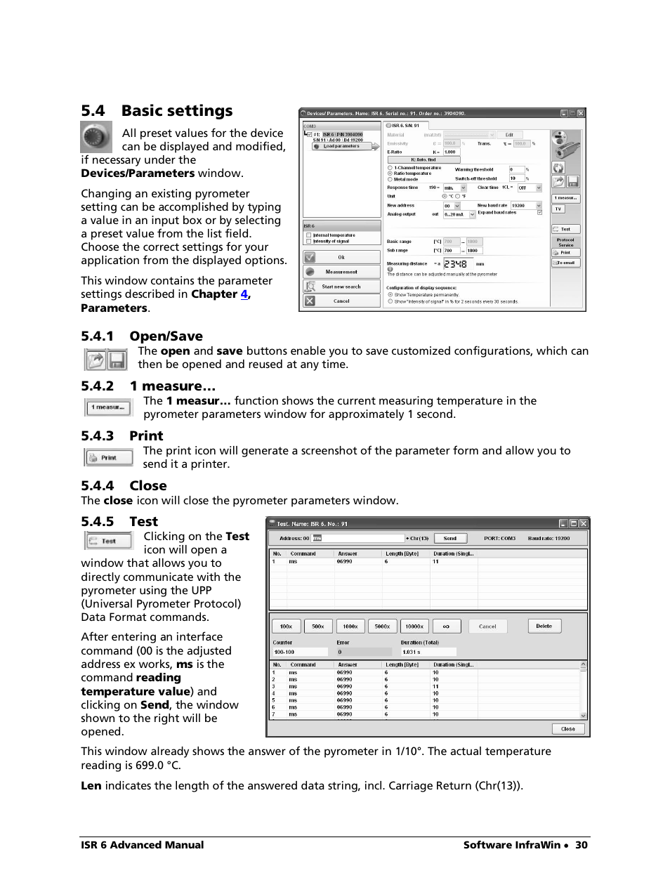 4 basic settings, 1 open/save, 2 1 measure | 3 print, 4 close, 5 test | LumaSense Technologies ISR 6 Advanced User Manual | Page 30 / 50