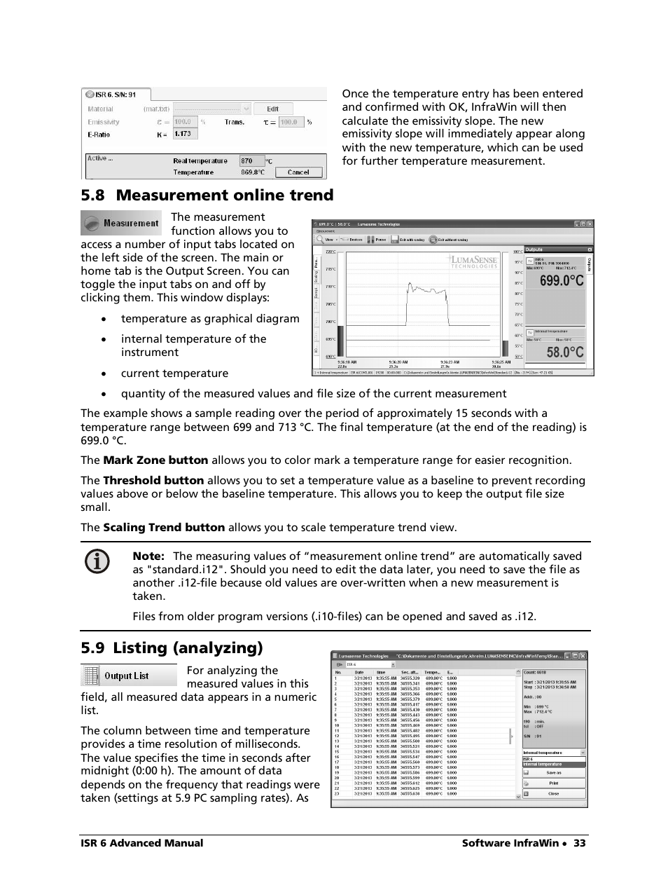 8 measurement online trend, 9 listing (analyzing) | LumaSense Technologies ISR 6 Advanced User Manual | Page 33 / 50