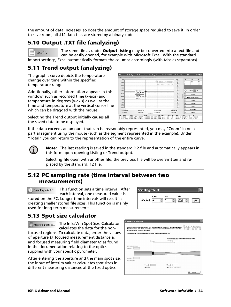 10 output .txt file (analyzing), 11 trend output (analyzing), 13 spot size calculator | LumaSense Technologies ISR 6 Advanced User Manual | Page 34 / 50