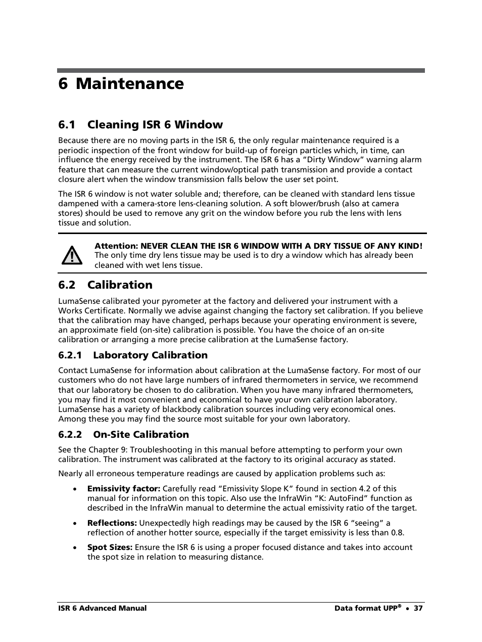 6 maintenance, 1 cleaning isr 6 window, 2 calibration | 1 laboratory calibration, 2 on-site calibration | LumaSense Technologies ISR 6 Advanced User Manual | Page 37 / 50