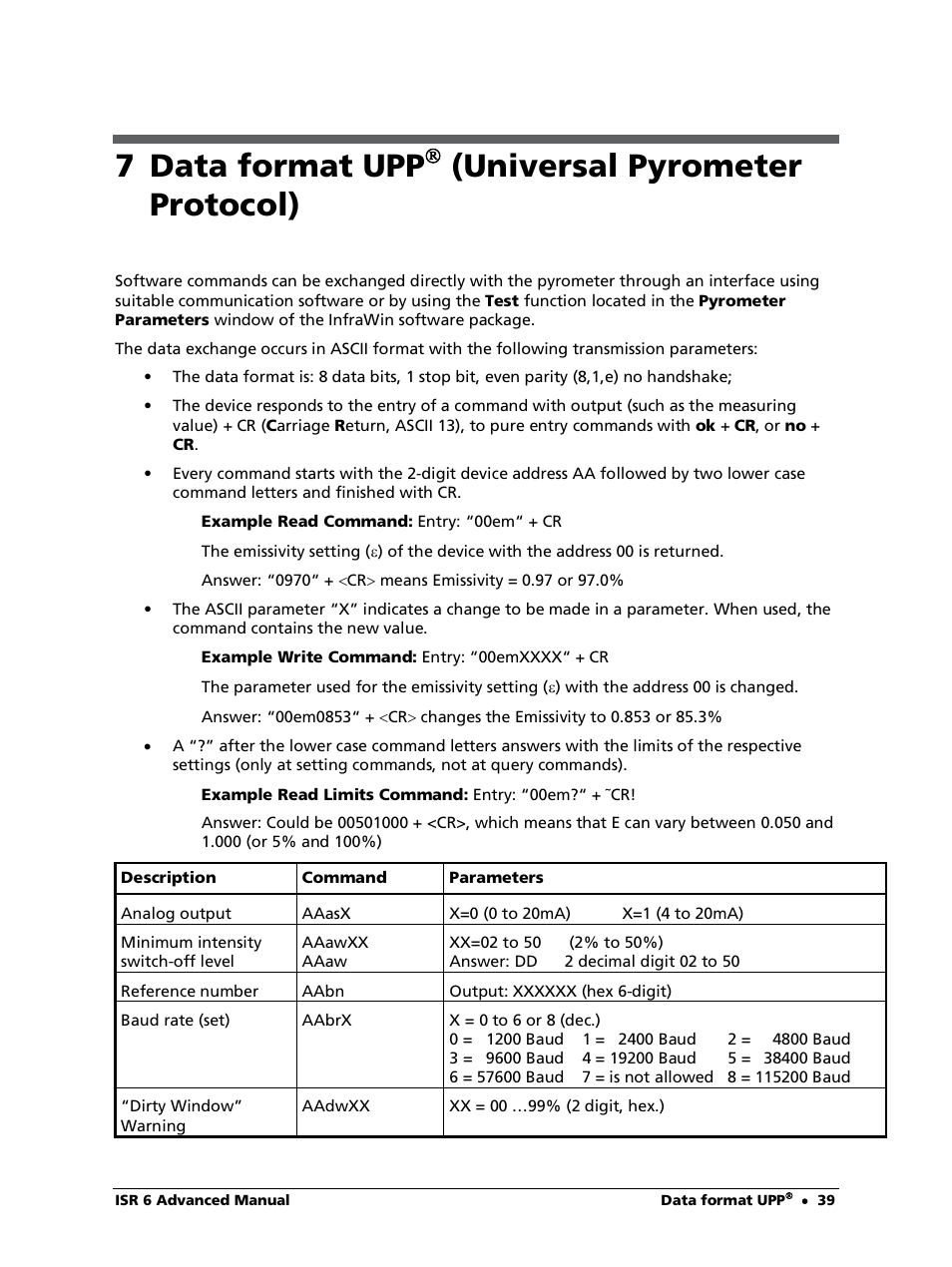 7 data format upp( (universal pyrometer protocol), 7 data format upp, Universal pyrometer protocol) | LumaSense Technologies ISR 6 Advanced User Manual | Page 39 / 50