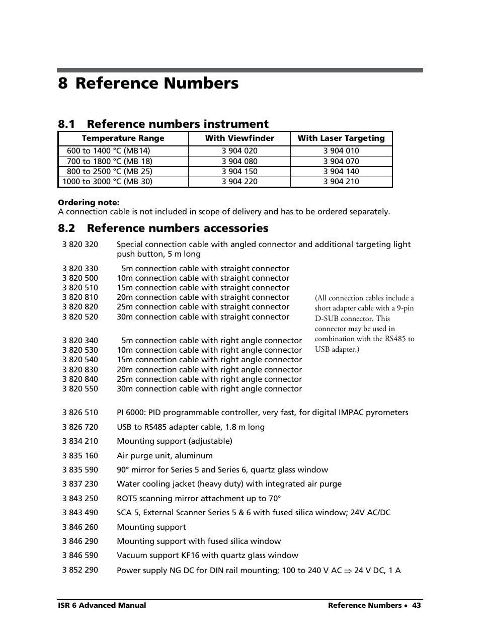 8 reference numbers, 1 reference numbers instrument, 2 reference numbers accessories | LumaSense Technologies ISR 6 Advanced User Manual | Page 43 / 50