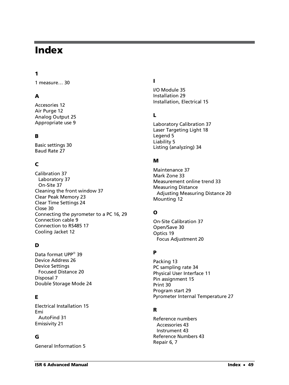 Index | LumaSense Technologies ISR 6 Advanced User Manual | Page 49 / 50