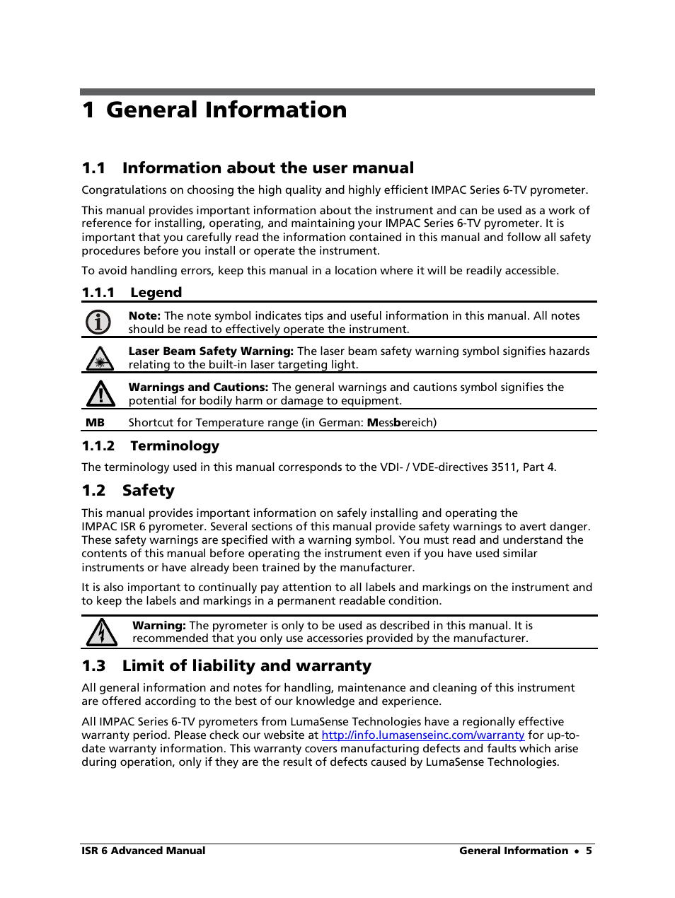 1 general information, 1 information about the user manual, 1 legend | 2 terminology, 2 safety, 3 limit of liability and warranty | LumaSense Technologies ISR 6 Advanced User Manual | Page 5 / 50