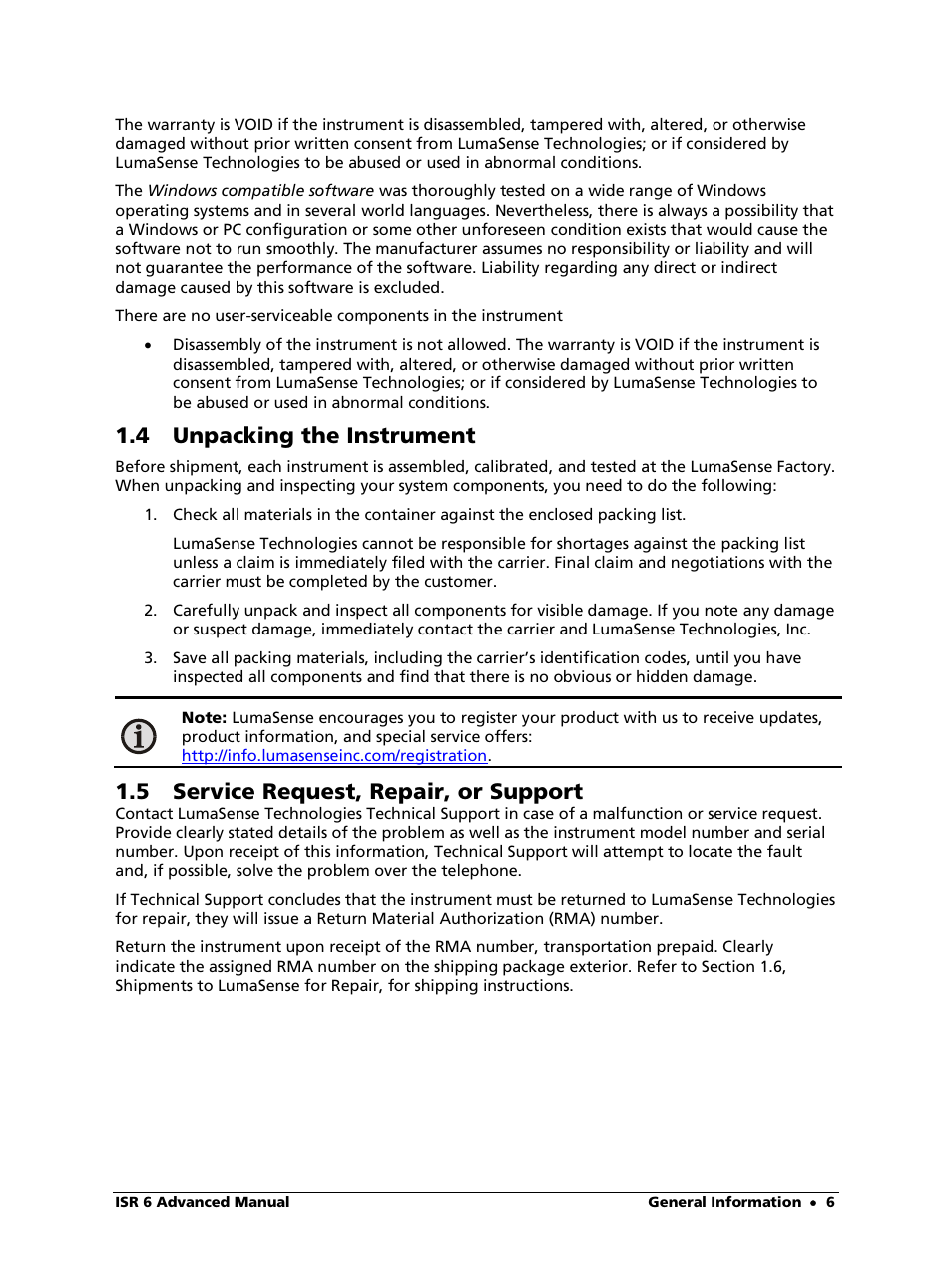 4 unpacking the instrument, 5 service request, repair, or support | LumaSense Technologies ISR 6 Advanced User Manual | Page 6 / 50