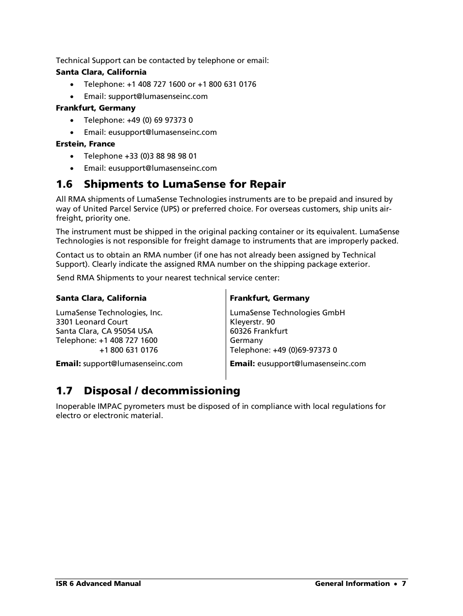 6 shipments to lumasense for repair, 7 disposal / decommissioning | LumaSense Technologies ISR 6 Advanced User Manual | Page 7 / 50