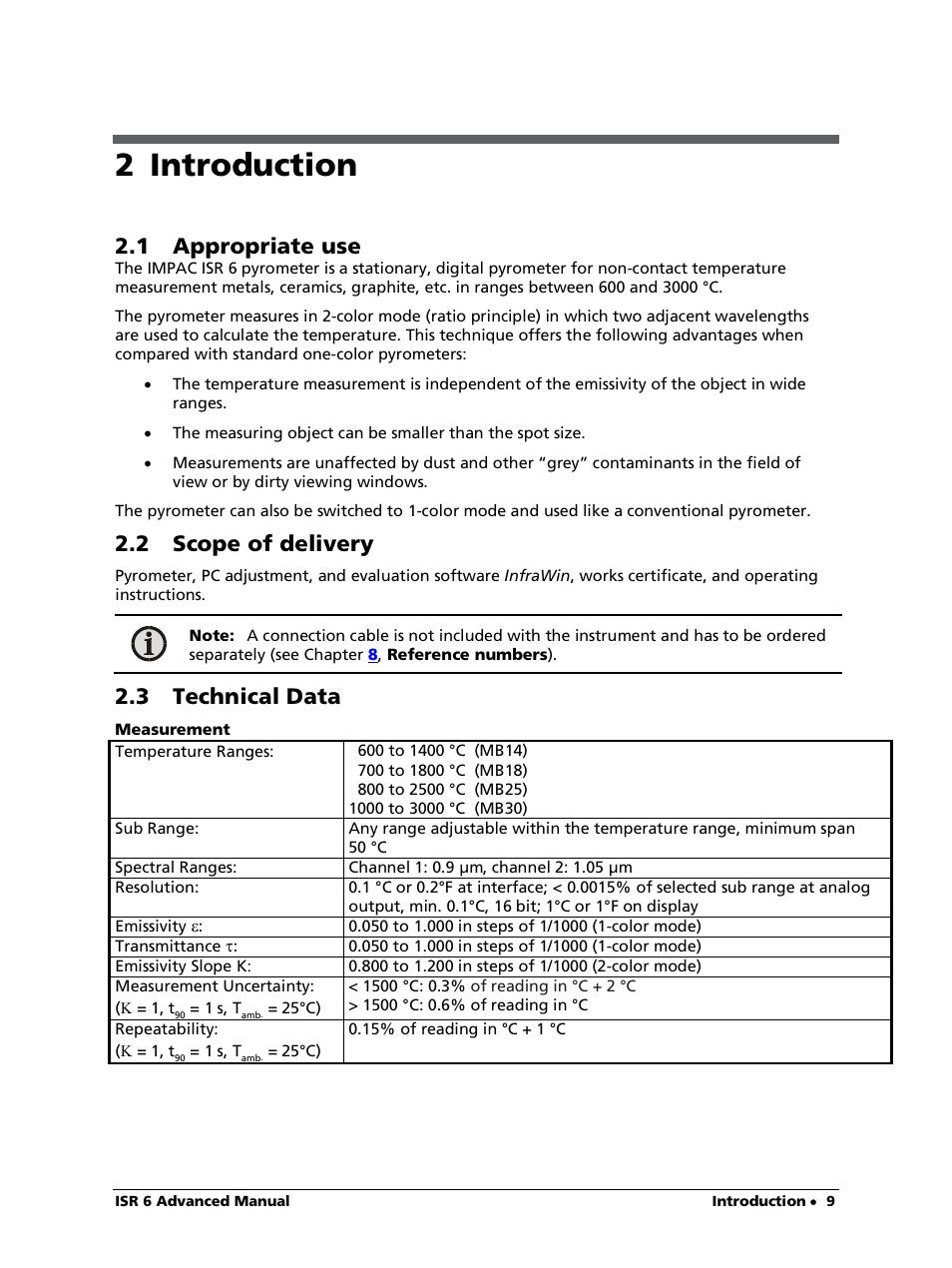 2 introduction, 1 appropriate use, 2 scope of delivery | 3 technical data | LumaSense Technologies ISR 6 Advanced User Manual | Page 9 / 50