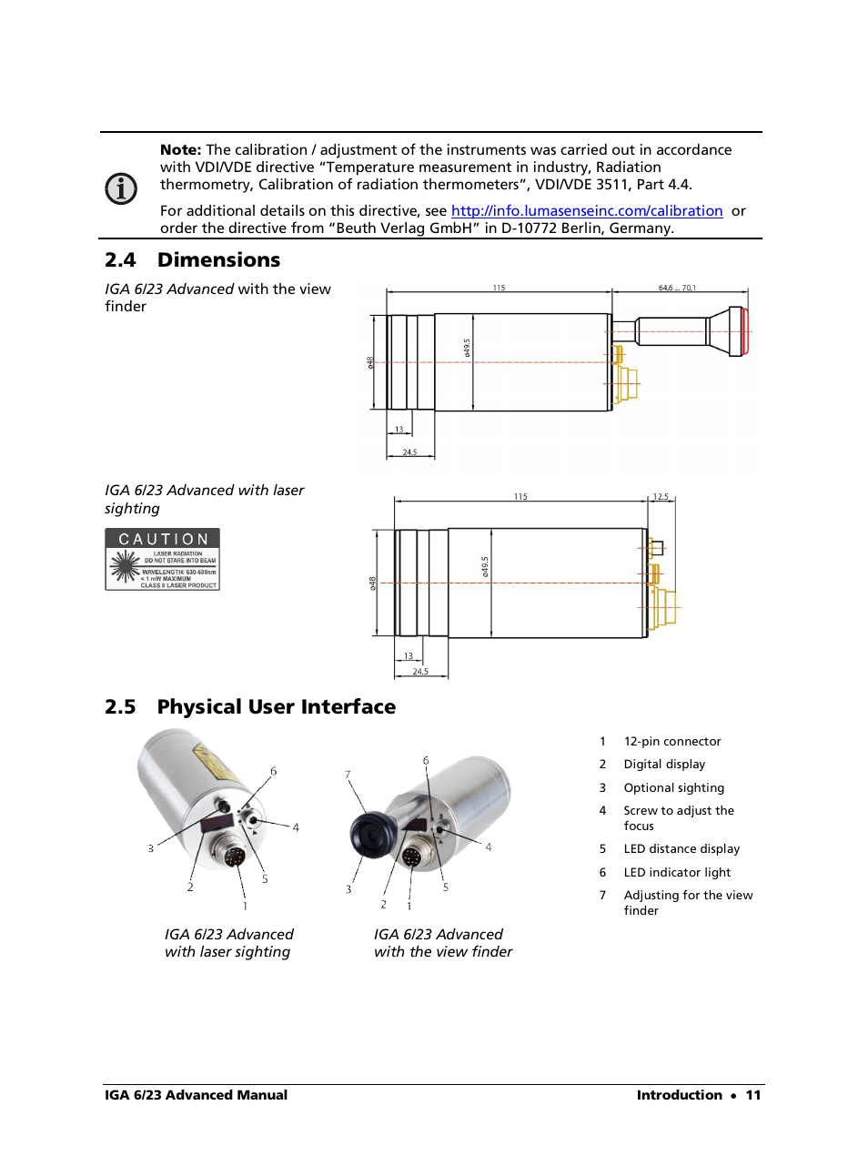 4 dimensions, 5 physical user interface | LumaSense Technologies IGA 6/23 Advanced User Manual | Page 11 / 46
