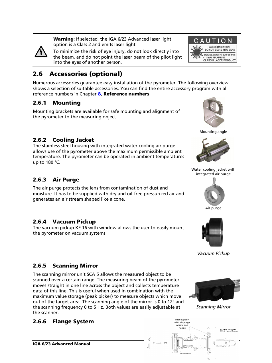 6 accessories (optional), 1 mounting, 2 cooling jacket | 3 air purge, 4 vacuum pickup, 5 scanning mirror, 6 flange system | LumaSense Technologies IGA 6/23 Advanced User Manual | Page 12 / 46