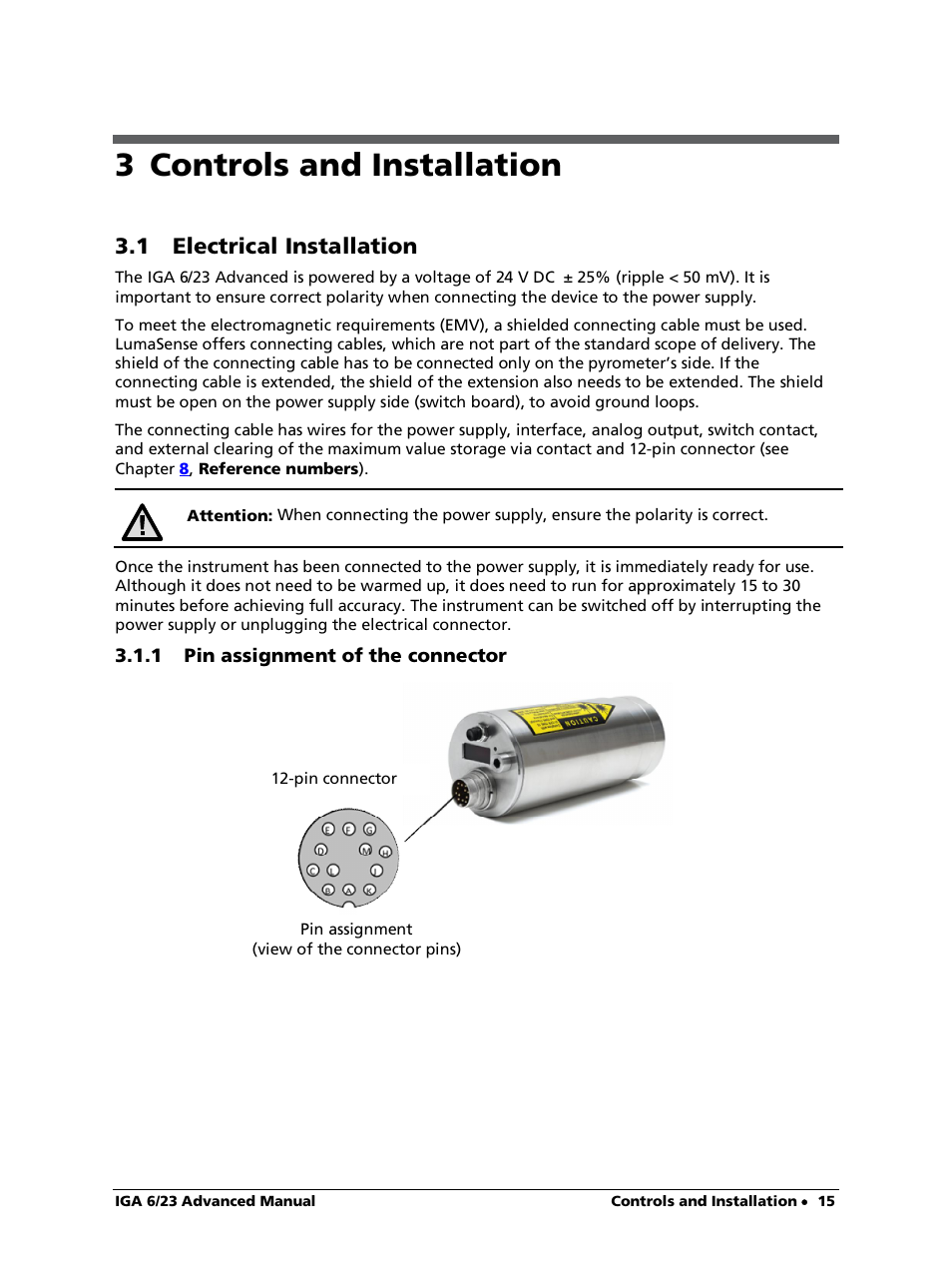 3 controls and installation, 1 electrical installation, 1 pin assignment of the connector | LumaSense Technologies IGA 6/23 Advanced User Manual | Page 15 / 46