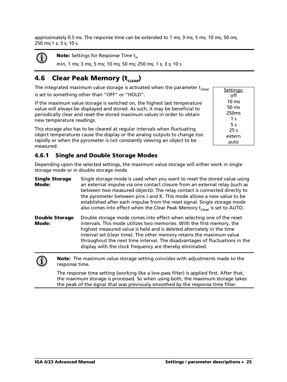 6 clear peak memory (tclear), 1 single and double storage modes | LumaSense Technologies IGA 6/23 Advanced User Manual | Page 25 / 46