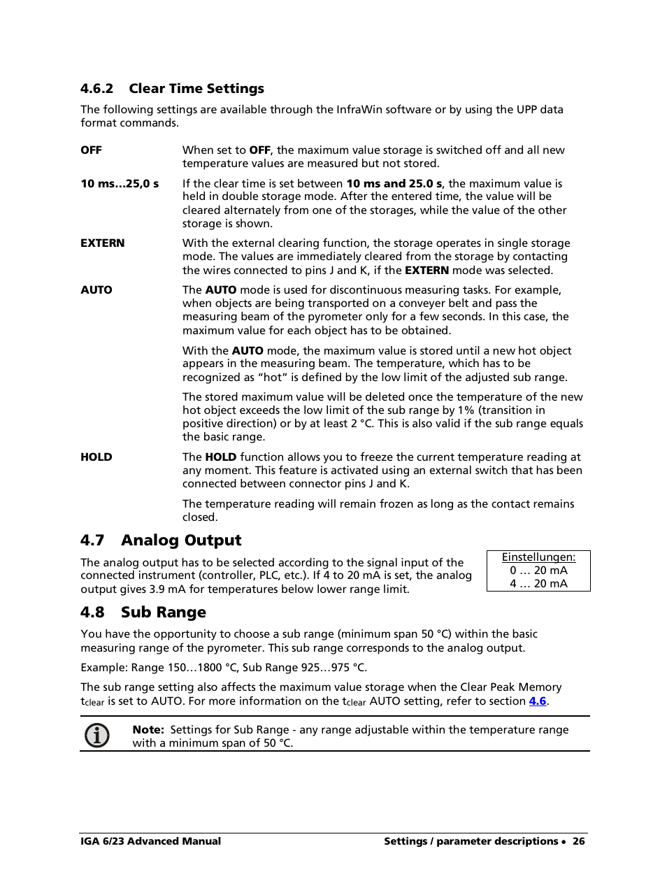 2 clear time settings, 7 analog output, 8 sub range | LumaSense Technologies IGA 6/23 Advanced User Manual | Page 26 / 46