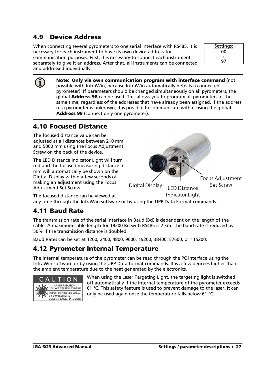 10 focused distance, 11 baud rate, 12 pyrometer internal temperature | 9 device address | LumaSense Technologies IGA 6/23 Advanced User Manual | Page 27 / 46