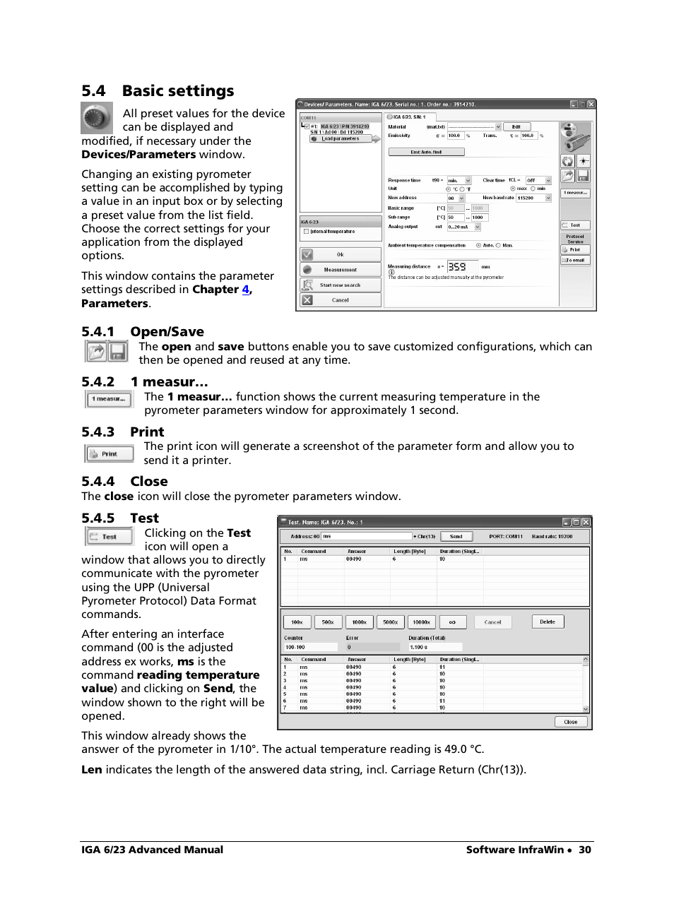 4 basic settings, 1 open/save, 2 1 measur | 3 print, 4 close, 5 test | LumaSense Technologies IGA 6/23 Advanced User Manual | Page 30 / 46