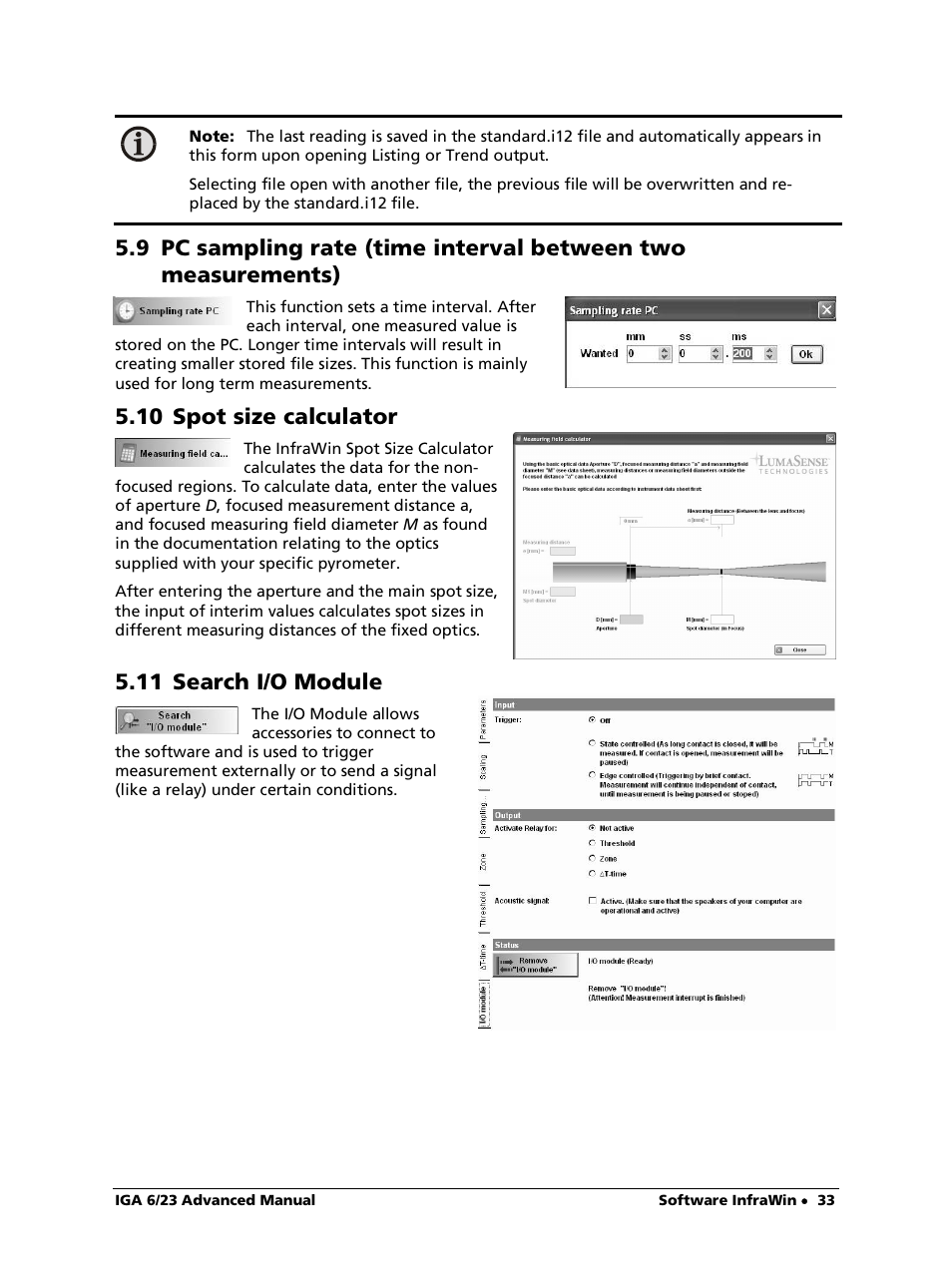 10 spot size calculator, 11 search i/o module | LumaSense Technologies IGA 6/23 Advanced User Manual | Page 33 / 46