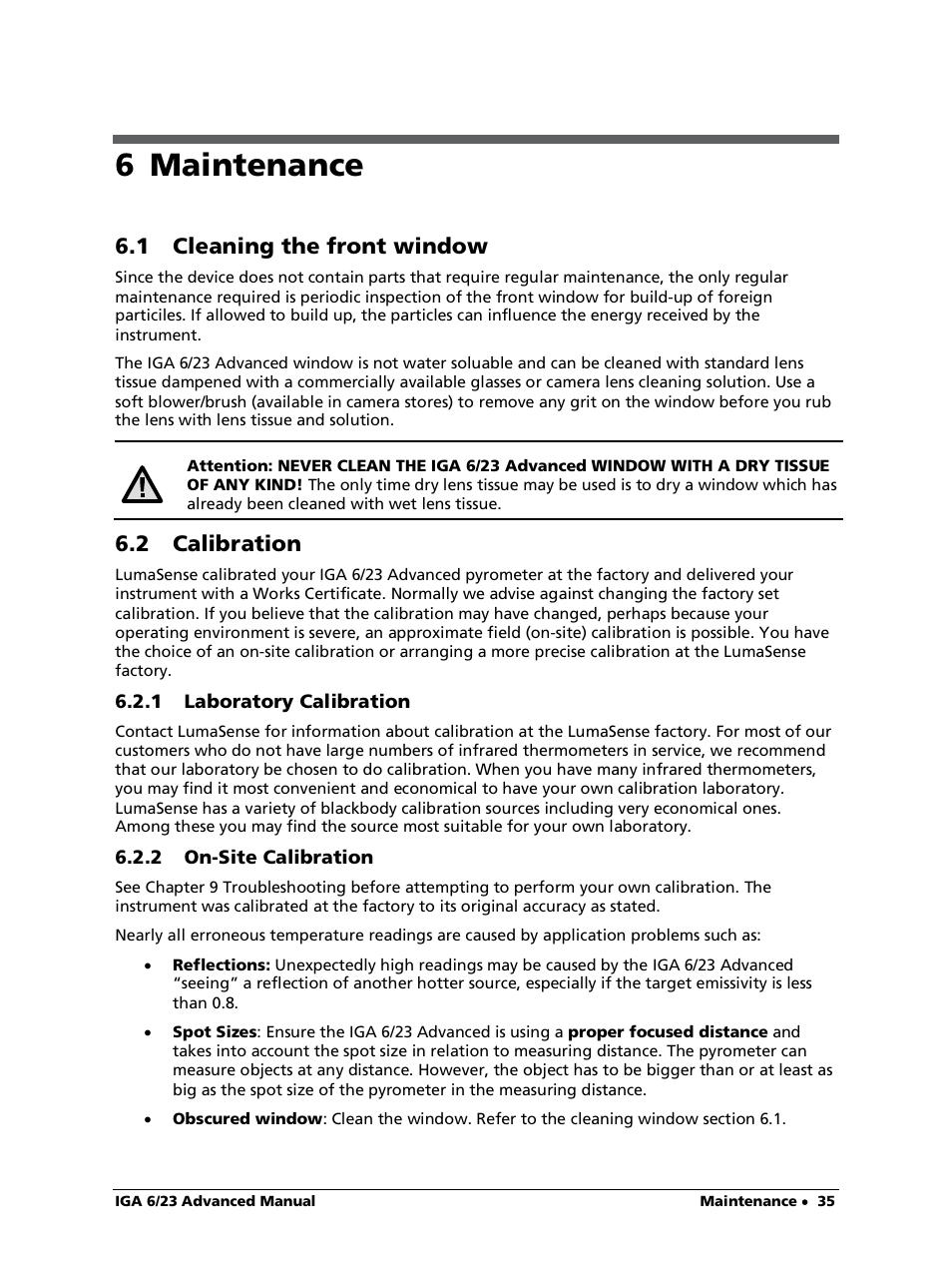 6 maintenance, 1 cleaning the front window, 2 calibration | 1 laboratory calibration, 2 on-site calibration | LumaSense Technologies IGA 6/23 Advanced User Manual | Page 35 / 46