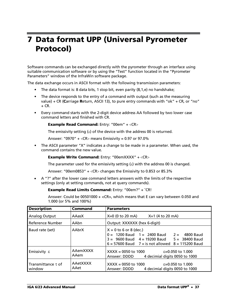 7 data format upp (universal pyrometer protocol) | LumaSense Technologies IGA 6/23 Advanced User Manual | Page 37 / 46