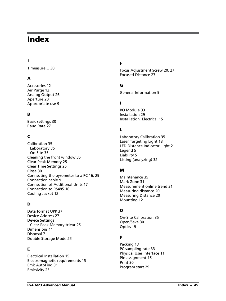 Index | LumaSense Technologies IGA 6/23 Advanced User Manual | Page 45 / 46
