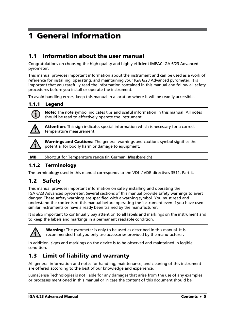 1 general information, 1 information about the user manual, 1 legend | 2 terminology, 2 safety, 3 limit of liability and warranty | LumaSense Technologies IGA 6/23 Advanced User Manual | Page 5 / 46