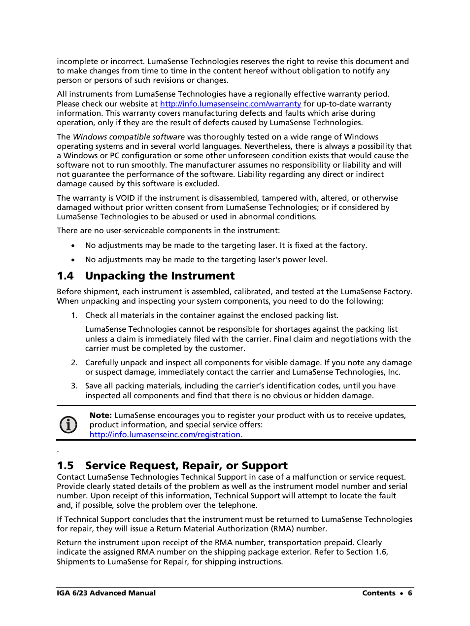 4 unpacking the instrument, 5 service request, repair, or support | LumaSense Technologies IGA 6/23 Advanced User Manual | Page 6 / 46