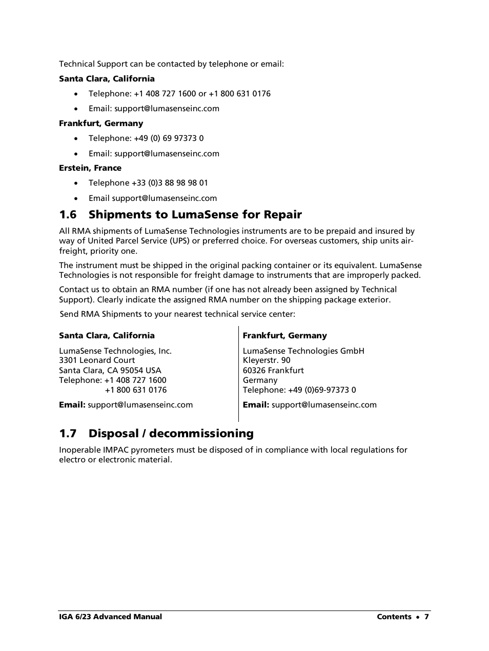 6 shipments to lumasense for repair, 7 disposal / decommissioning | LumaSense Technologies IGA 6/23 Advanced User Manual | Page 7 / 46