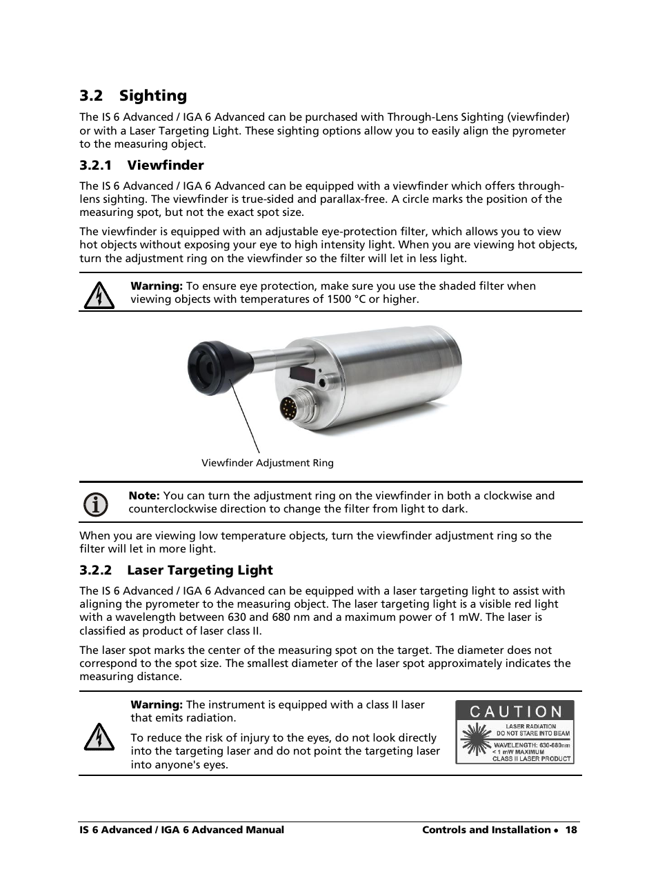 2 sighting, 1 viewfinder, 2 laser targeting light | LumaSense Technologies IS 6 Advanced User Manual | Page 18 / 44