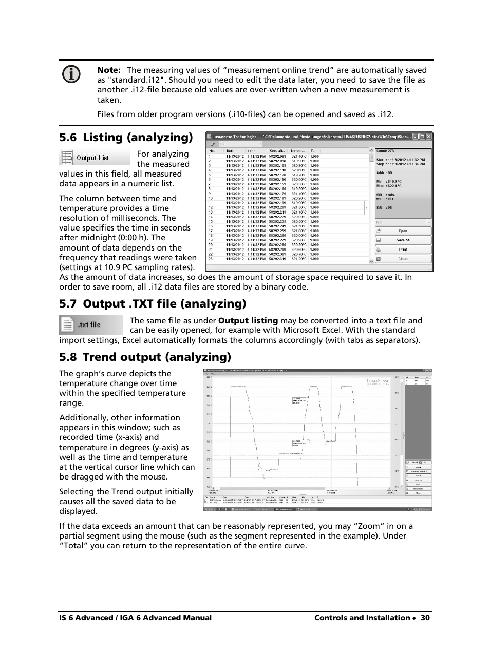 6 listing (analyzing), 7 output .txt file (analyzing), 8 trend output (analyzing) | LumaSense Technologies IS 6 Advanced User Manual | Page 30 / 44