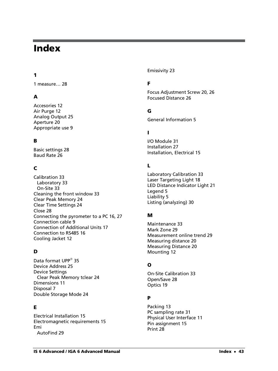 Index | LumaSense Technologies IS 6 Advanced User Manual | Page 43 / 44