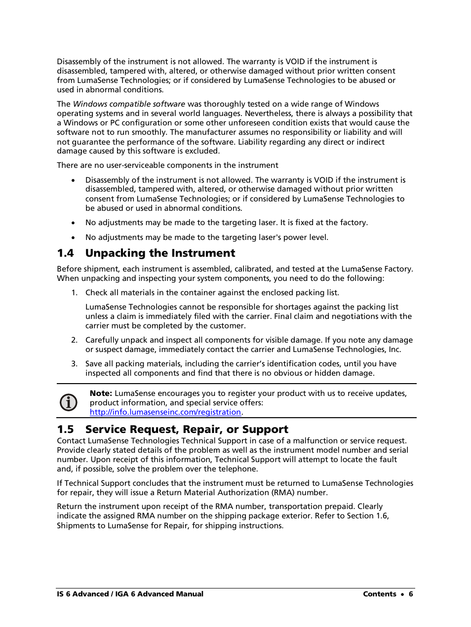 4 unpacking the instrument, 5 service request, repair, or support | LumaSense Technologies IS 6 Advanced User Manual | Page 6 / 44