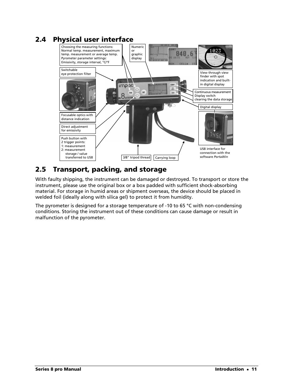 4 physical user interface, 5 transport, packing, and storage | LumaSense Technologies IS 8-GS pro User Manual | Page 11 / 32