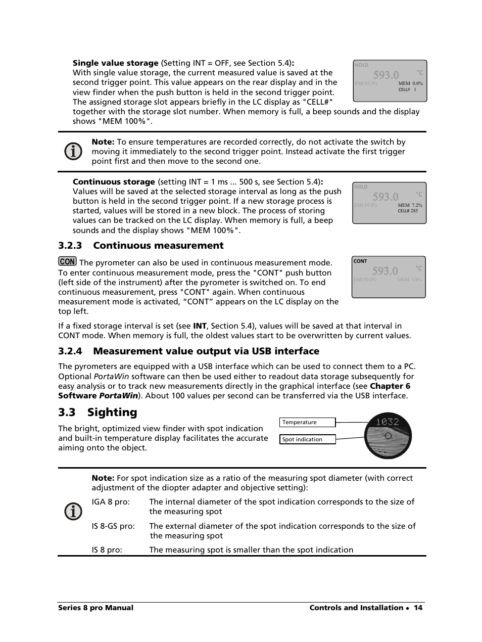 3 continuous measurement, 4 measurement value output via usb interface, 3 sighting | LumaSense Technologies IS 8-GS pro User Manual | Page 14 / 32