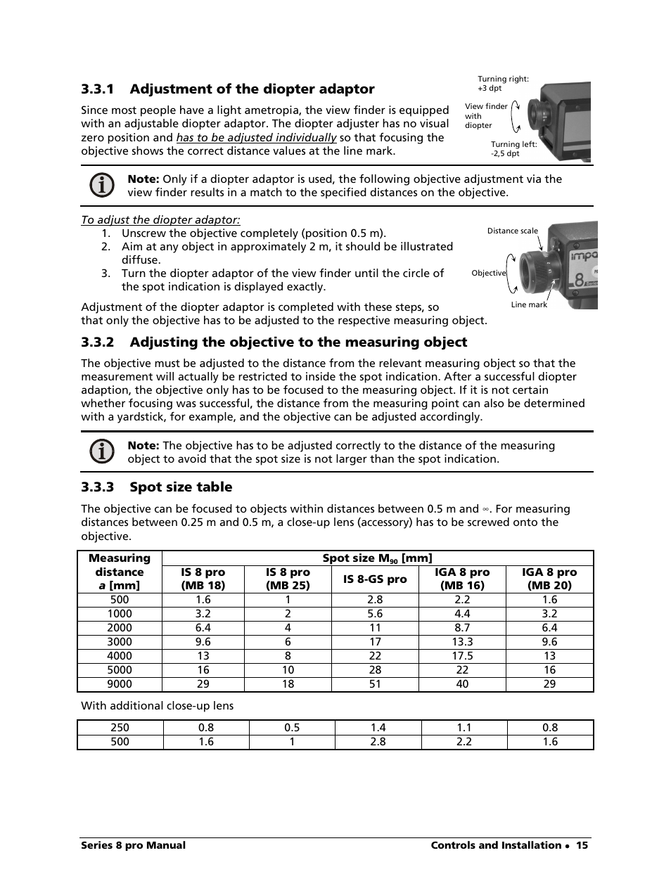 1 adjustment of the diopter adaptor, 2 adjusting the objective to the measuring object, 3 spot size table | LumaSense Technologies IS 8-GS pro User Manual | Page 15 / 32