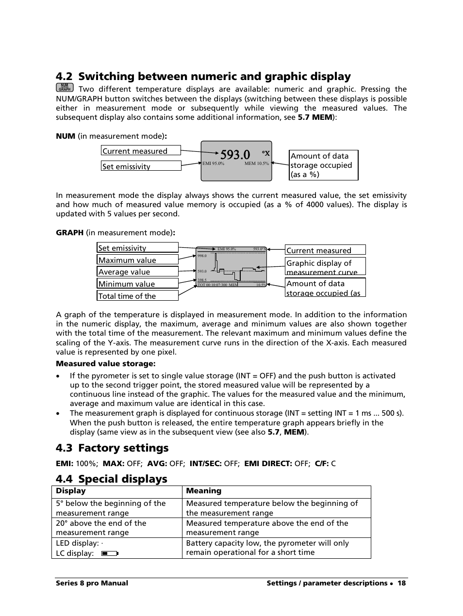 2 switching between numeric and graphic display, 3 factory settings, 4 special displays | LumaSense Technologies IS 8-GS pro User Manual | Page 18 / 32