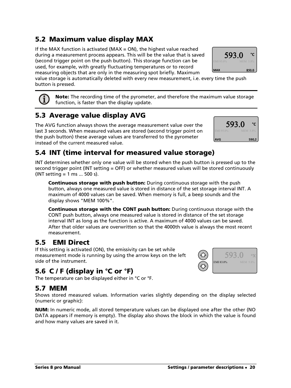 2 maximum value display max, 3 average value display avg, 4 int (time interval for measured value storage) | 5 emi direct, 6 c / f (display in °c or °f), 7 mem | LumaSense Technologies IS 8-GS pro User Manual | Page 20 / 32
