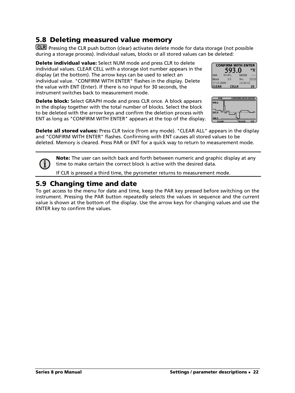 8 deleting measured value memory, 9 changing time and date | LumaSense Technologies IS 8-GS pro User Manual | Page 22 / 32