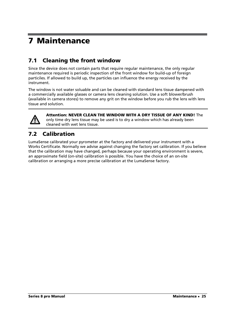 7 maintenance, 1 cleaning the front window, 2 calibration | LumaSense Technologies IS 8-GS pro User Manual | Page 25 / 32