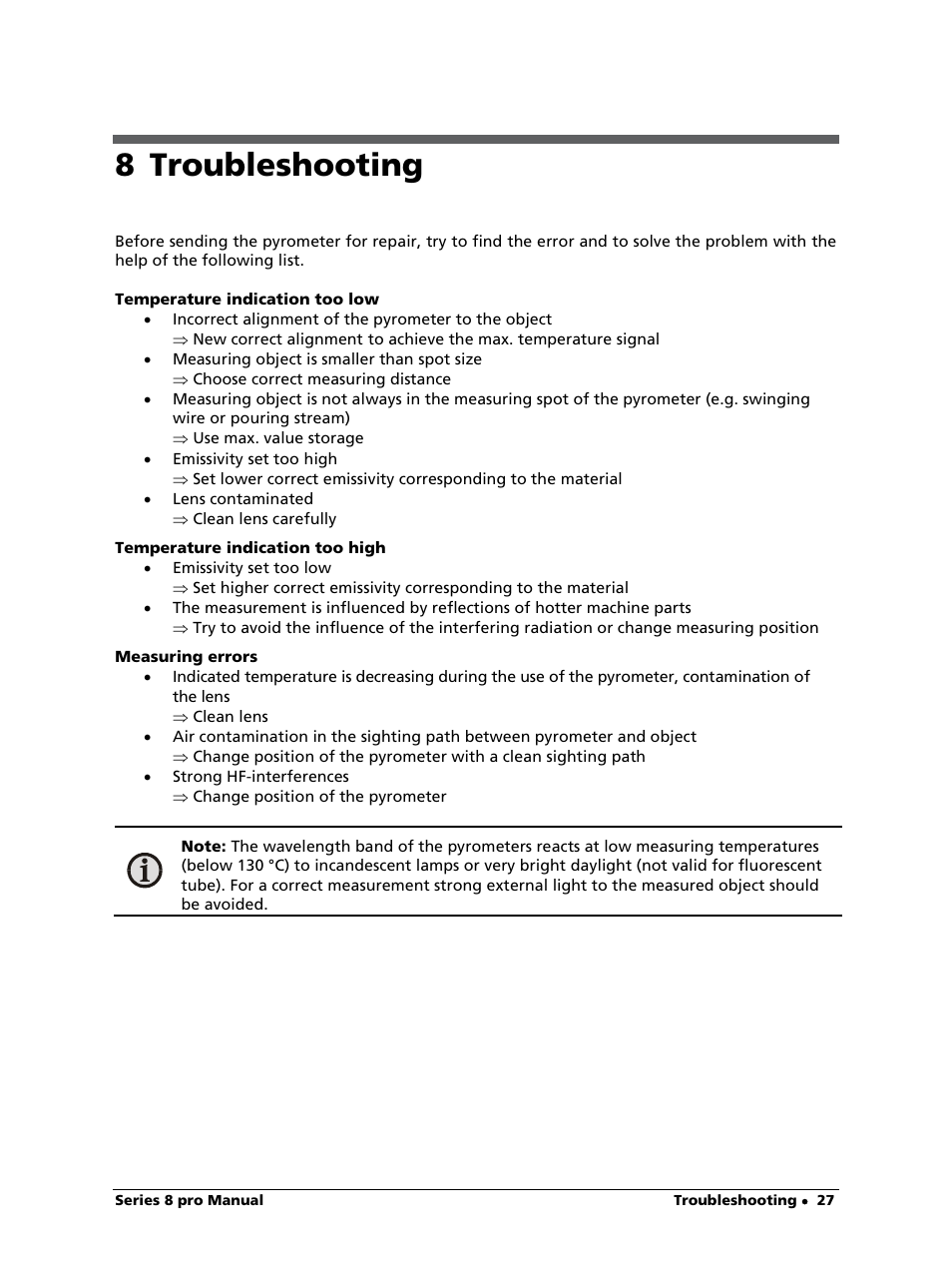 8 troubleshooting | LumaSense Technologies IS 8-GS pro User Manual | Page 27 / 32