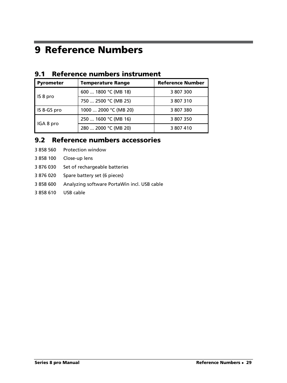 9 reference numbers, 1 reference numbers instrument, 2 reference numbers accessories | LumaSense Technologies IS 8-GS pro User Manual | Page 29 / 32