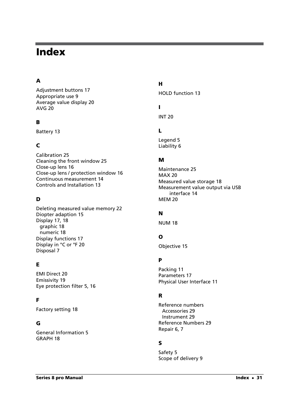 Index | LumaSense Technologies IS 8-GS pro User Manual | Page 31 / 32