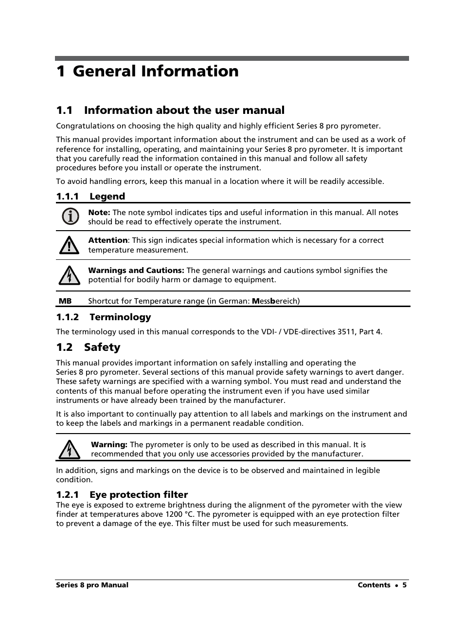 1 general information, 1 information about the user manual, 1 legend | 2 terminology, 2 safety, 1 eye protection filter | LumaSense Technologies IS 8-GS pro User Manual | Page 5 / 32