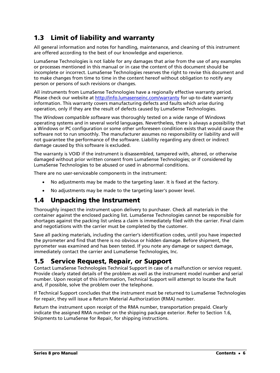 3 limit of liability and warranty, 4 unpacking the instrument, 5 service request, repair, or support | LumaSense Technologies IS 8-GS pro User Manual | Page 6 / 32