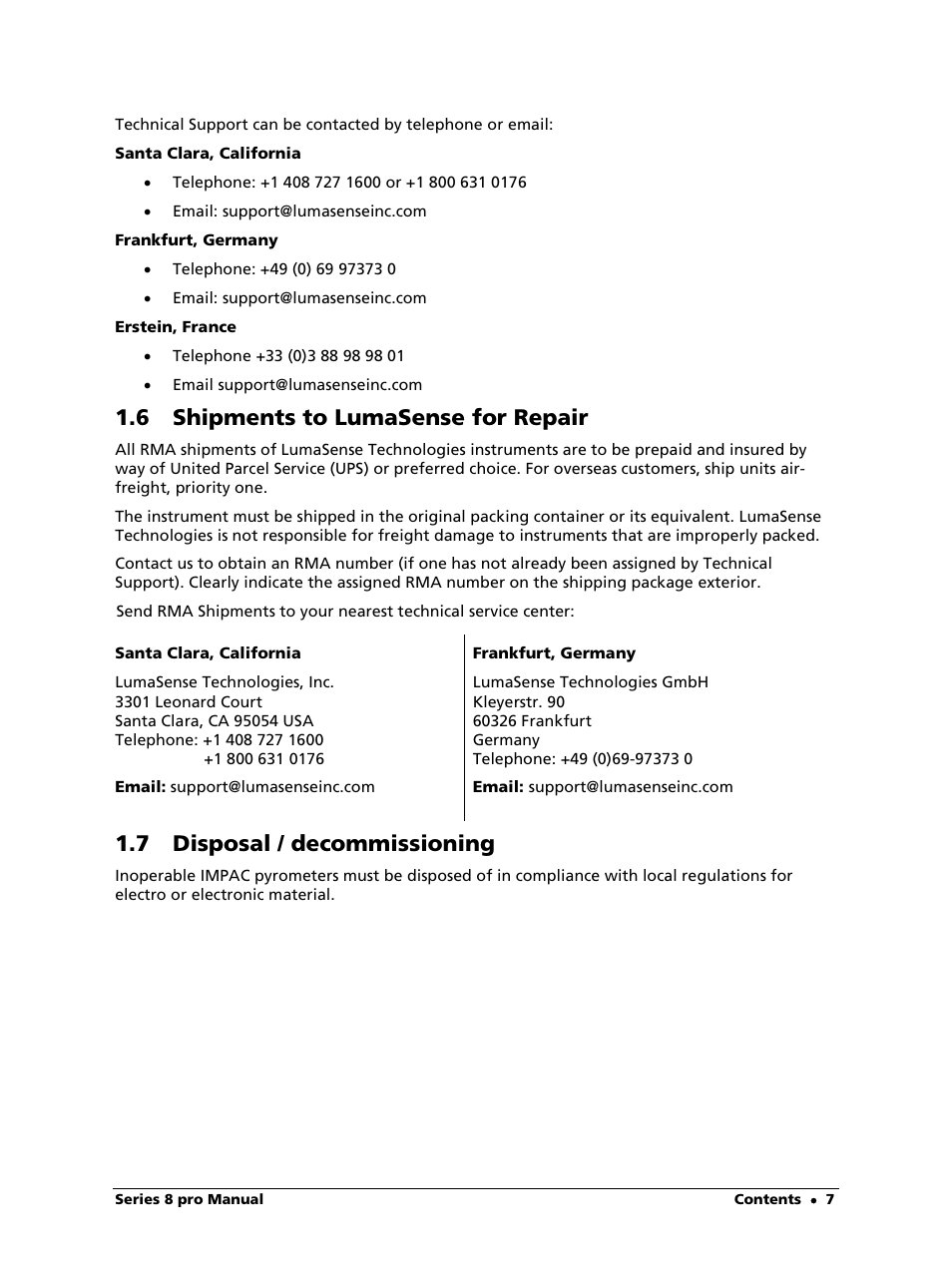 6 shipments to lumasense for repair, 7 disposal / decommissioning | LumaSense Technologies IS 8-GS pro User Manual | Page 7 / 32