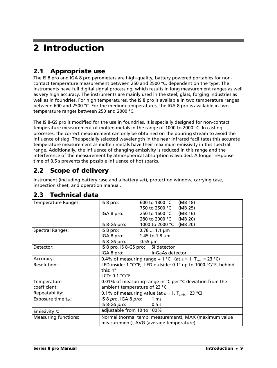 2 introduction, 1 appropriate use, 2 scope of delivery | 3 technical data | LumaSense Technologies IS 8-GS pro User Manual | Page 9 / 32