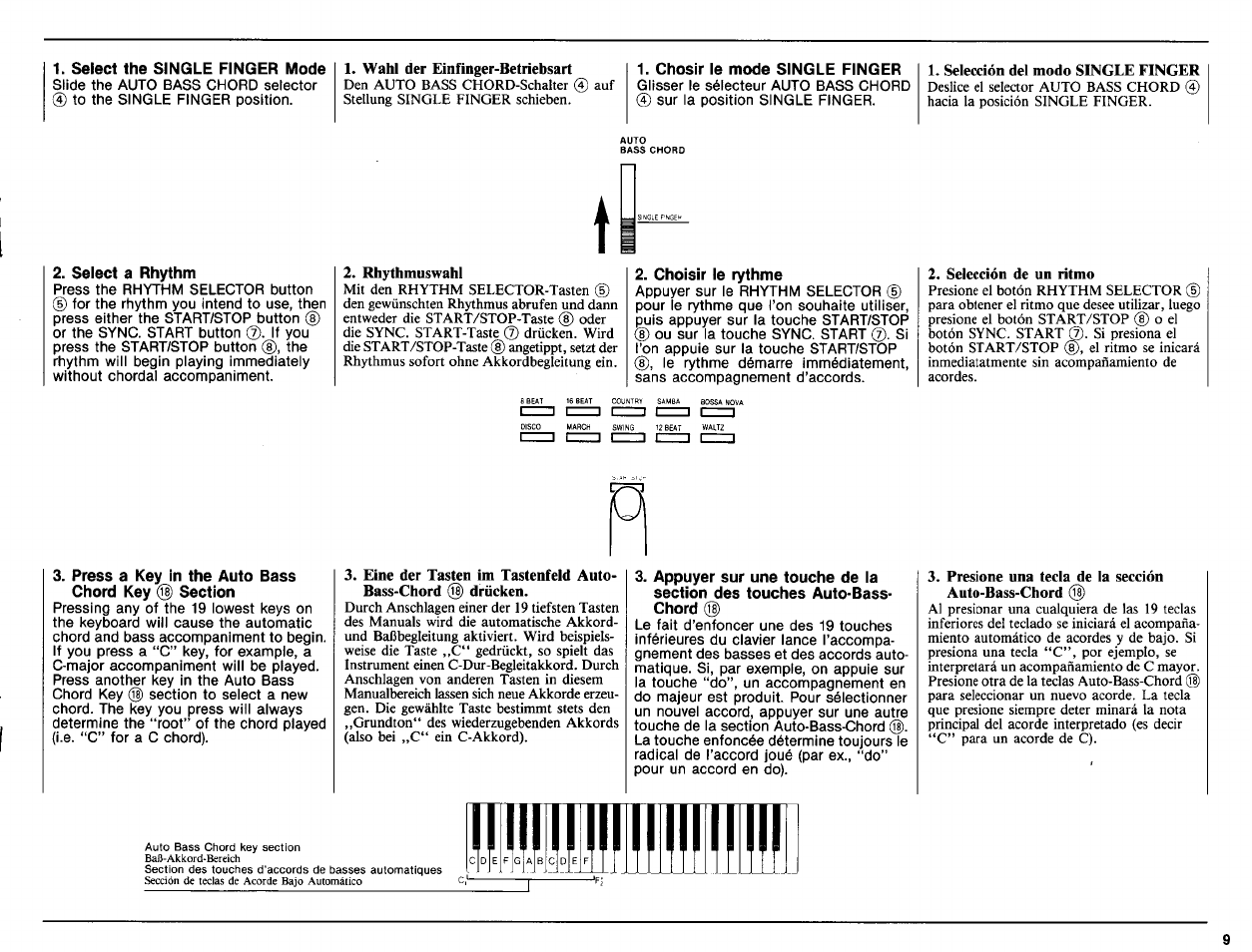 Select a rhythm, Chosir le mode single finger, Choisir le rythme | Press a key in the auto bass chord key @ section | Yamaha PSR-6 User Manual | Page 11 / 20