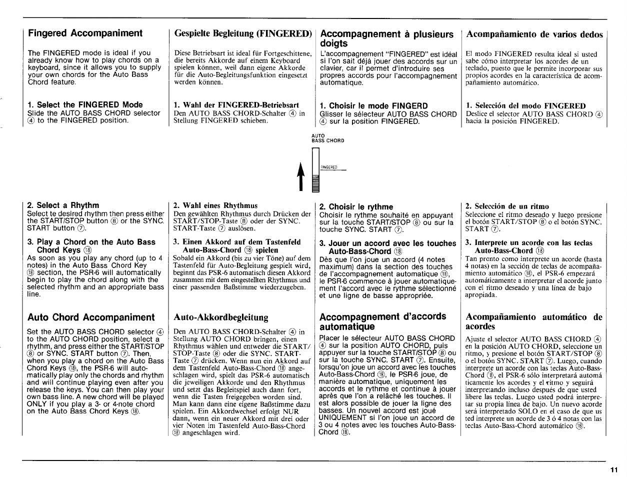 Fingered accompaniment, Select the fingered mode, Gespielte begleitung (fingered) | Accompagnement à plusieurs doigts, Choisir le mode fingerò, Acompañamiento de vanos dedos, Select a rhythm, Play a chord on the auto bass chord keys, Auto chord accompaniment, Auto-akkordbegleitung | Yamaha PSR-6 User Manual | Page 13 / 20