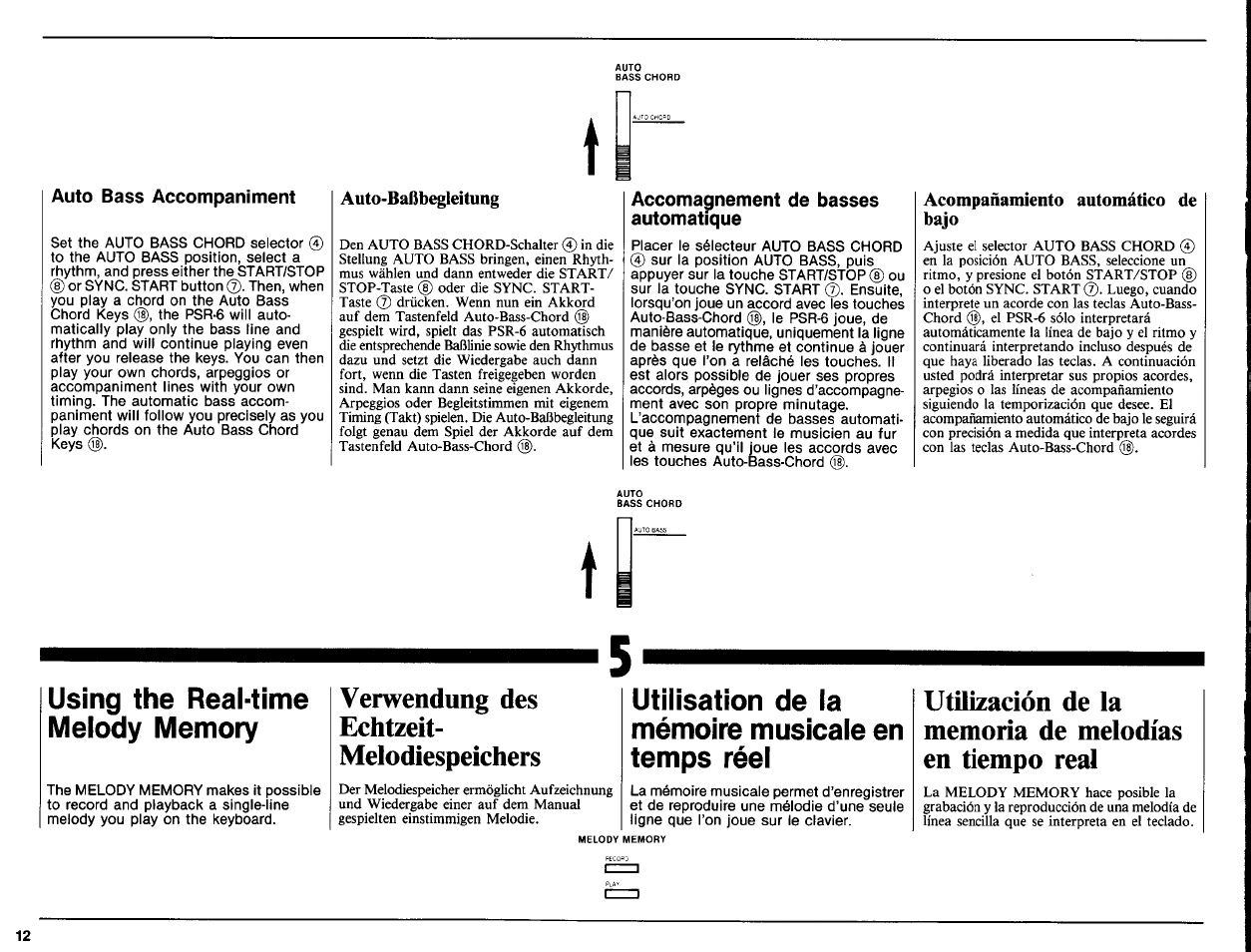 Auto bass accompaniment, Accoma^nement de basses automatique, Using the real-time melody memory | Verwendung des, Echtzeit, Melodiespeichers, Utilisation de la mémoire musicale en temps réel, Verwendung des echtzeit- melodiespeichers | Yamaha PSR-6 User Manual | Page 14 / 20