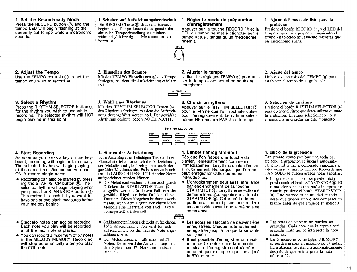 Régler le mode de préparation d’enregistrement, Ajuste del modo de listo para la grabación, Adjust the tempo | Einstellen des tempos, Ajuster le tempo, Ajuste del tempo, Select a rhythm, Wahl eines rhythmus, Choisir un rythme, Selección de un ritmo | Yamaha PSR-6 User Manual | Page 15 / 20
